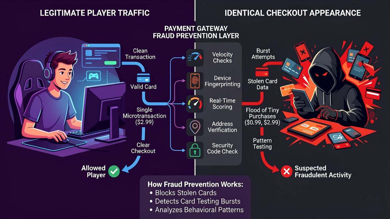 A sleek, dark-themed infographic illustrating how payment gateways detect gaming payment fraud by comparing legitimate player microtransactions against a hacker testing stolen credit card data.